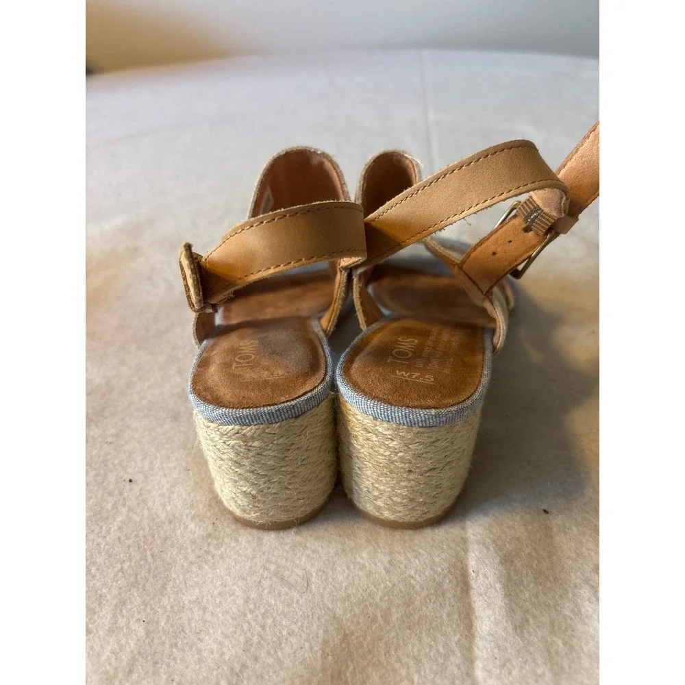 TOMS Block‎ Heel Sandals Womens 7.5 Blue Cream Tan Good Mixed Media Espadrille